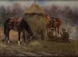 Odpoczynek ułanów, 1937 r. by Jerzy Kossak, 1937, olej, płyta, sold Oct 2022