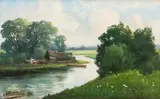 Stanisław Wroński, Pejzaż z rybacką chatą nad rzeką, 1895 r., 1895, olej, płótno