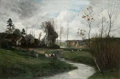 Henri Van der Hecht, Pejzaż wiejski, olej, płótno