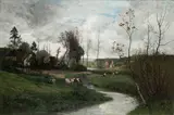 Henri Van der Hecht, Pejzaż wiejski, olej, płótno