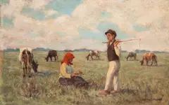 Jan Ludwik Sobecki, Na pastwisku, 1917 r., 1917, olej, sklejka