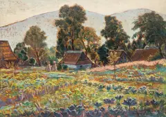 Pejzaż z Mszany dolnej by Mieczysław Filipkiewicz, olej, tektura, sold Oct 2022