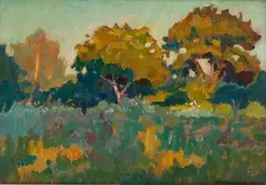 Pejzaż jesienny by Mieczysław Filipkiewicz, olej, papier, 34, sold Oct 2022