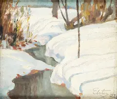 Erwin Elster, Pejzaż zimowy, 1907 r., 1907, olej, tektura, 18