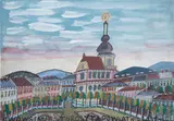 Miasteczko by Nikifor Krynicki, akwarela, gwasz, papier, 22, sold Oct 2022