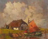 Rudolf Priebe, Łódź przed chatą, olej, płótno, 50