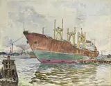 Władysław Serafin, W porcie II, 1967 r., 1967, akwarela, pastel, papier żeberkowy jasnokremowy naklejony na tekturę, 48