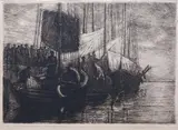Bolesław Rogiński, Baza rybacka w Kątach, akwaforta, papier