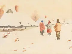 Marian Szczerbiński, Wieś zimową porą, akwarela, papier