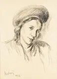 Józef Kidoń, Portret kobiety w kapelusiku, 1936 r., 1936, czarna kredka, papier