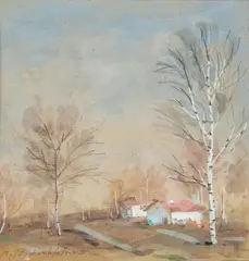 Basile Poustochkine, Pejzaż jesienny z brzozami, akwarela, papier, 17