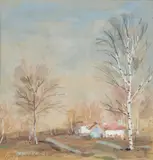 Basile Poustochkine, Pejzaż jesienny z brzozami, akwarela, papier, 17