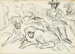 Henri Epstein, Myśliwy z psami, tusz, papier, 31