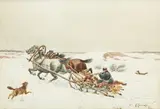 Kajetan Kosiński, Ucieczka przed wilkami, akwarela, papier, 23