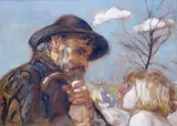 Dziadziuś z dzieckiem, 1924 r. by Wlastimil Hofman, 1924, olej, tektura, sold Aug 2022