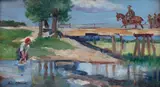 Jerzy Kossak, Spotkanie nad rzeką, 1934 r., 1934, olej, tektura