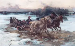 J. Konarski, Wyjazd na polowanie, olej, płótno