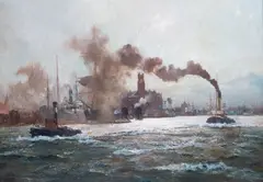 John Gleich, Port w Hamburgu, olej, płótno, 70