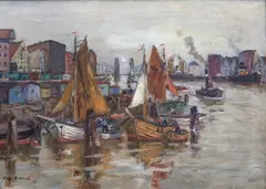 Eugen Dekkert, Kutry przy nabrzeżu, olej, płótno