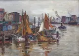 Eugen Dekkert, Kutry przy nabrzeżu, olej, płótno