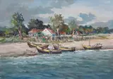 Łodzie przy brzegu by Eugeniusz Dzierżencki, olej, płótno, 50, sold Aug 2022