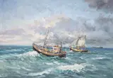 Łodzie na morzu by Eugeniusz Dzierżencki, olej, płótno, 47, sold Aug 2022