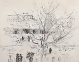 W miasteczku, 1935 by Hanna Rudzka-Cybisowa, 1935, tusz, papier, 20, sold Jul 2022