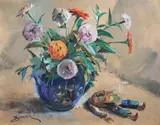 Antoni Suchanek, Martwa natura z pajacykiem, pastel, papier