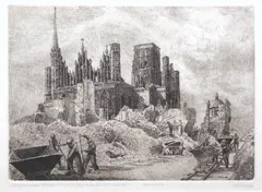 Stanisław Rolicz, Odgruzowanie kościoła NMPanny przy ul. Św. Ducha w Gdańsku, 1953, 1953, akwaforta, papier