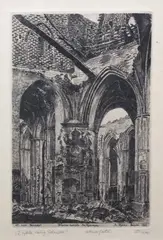 Stanisław Rolicz, Wnętrze kościoła św. Katarzyny w Gdańsku, z cyklu „Ruiny Gdańska”, 1945, 1945, akwaforta, papier
