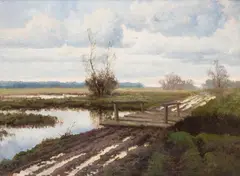 Józef Rapacki, Pejzaż z mostkiem, 1923 r., 1923, olej, płótno, 48