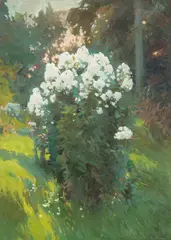 Iwan Trusz, W ogrodzie, olej, tektura