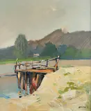 Widok na mostek i ruiny zamku, 1981 r. by Stanisław Jan Łazorek, 1981, olej, płótno, sold Jul 2022