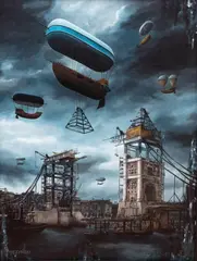 Arkadiusz Mężyński, Montaż dachu na Tower Bridge, akryl, płótno