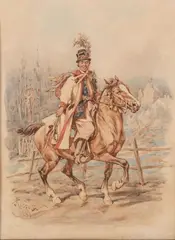 Juliusz Kossak, Drużba krakowski na koniu, 1888 r., 1888, akwarela, papier