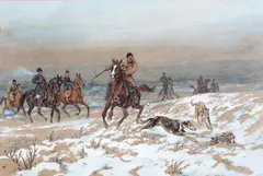 Juliusz Kossak, W pościgu za zającem, 1893 r., 1893, akwarela, gwasz, papier jasno szary, 31