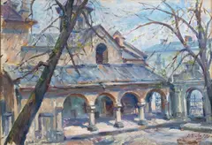 Erno Erb, Dziedziniec Katedry Ormiańskiej we Lwowie, 1941 r., 1941, olej, tektura, 33