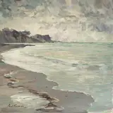 Brzeg morza w zatoce gdańskiej by Marian Mokwa, olej, płótno, sold Jun 2022