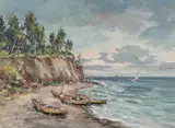 Przy klifie by Eugeniusz Dzierżencki, olej, płótno, sold Jun 2022