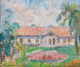 Dworek Biskupice Melsztyńskie,, 1967 r. by Zofia Dziurzyńska-Rosińska, 1967, olej, tektura, sold Jun 2022