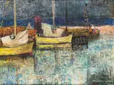 Łodzie na wybrzeżu, lata 50-te XX w. by Maria Słoniowska-Ciechomska, olej, płótno, sold Jun 2022