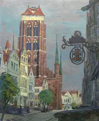 Oskar Wilda, Widok na Kościół Mariacki od strony ulicy Piwnej, olej, płyta