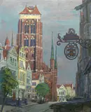 Oskar Wilda, Widok na Kościół Mariacki od strony ulicy Piwnej, olej, płyta