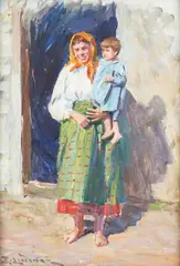 Emil Lindeman, Kobieta z dzieckiem, olej, płótno, 25