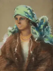 Józef Ujheli, Dziewczyna w błękitnej chuście, pastel, papier