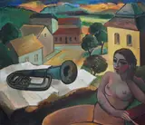 Anna Karpowicz-Westner, Akt z błękitną tubą, 2021 r., 2021, olej, płótno