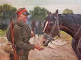 Jerzy Kossak, Ułan karmiący konia, 1937 r., 1937, olej, tektura