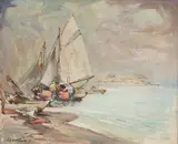 Łodzie przy brzegu by Marian Mokwa, olej, płótno, sold May 2022