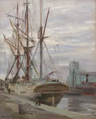 Harry Schultz, Port w Elblągu, olej, płótno