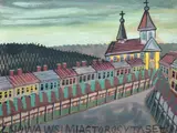 Widok miasta by Nikifor Krynicki, akwarela, gwasz, papier, sold Apr 2022